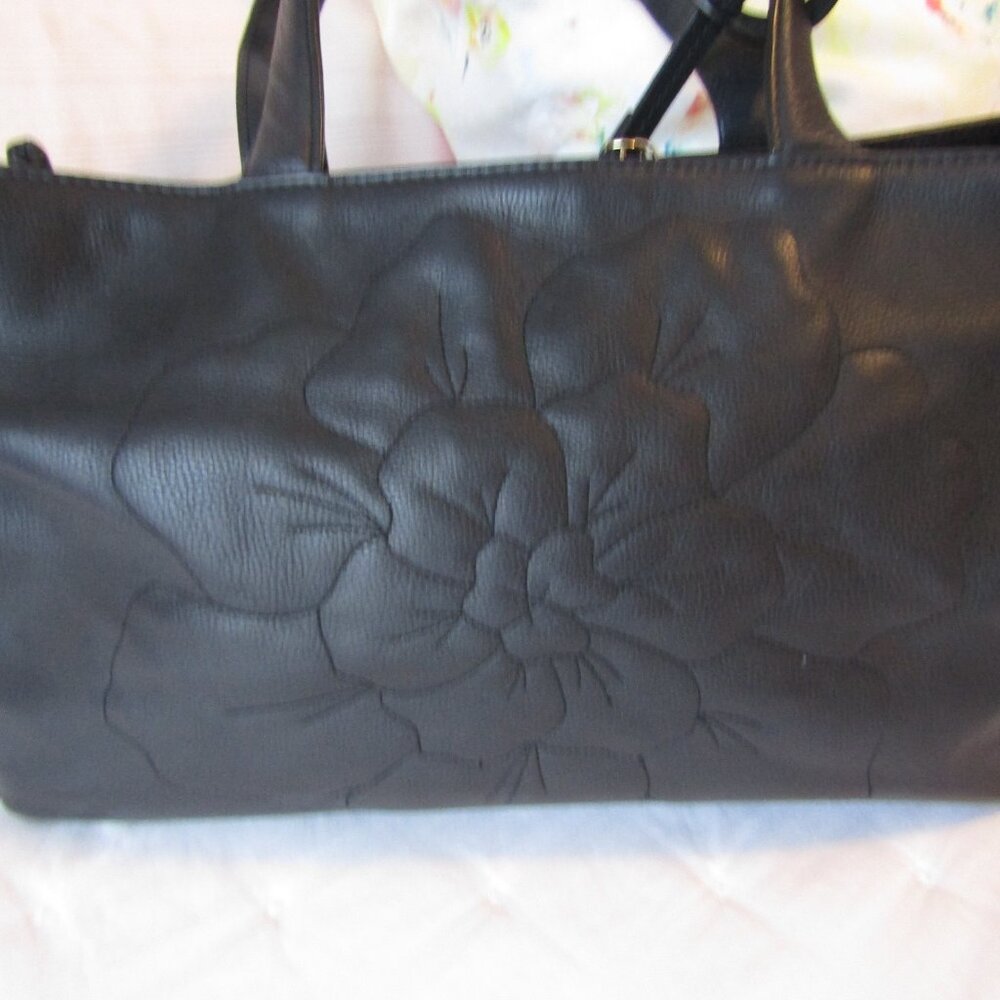 Anne Fontaine "Parisa Baby" Black Floral Leather Purse Bag-Double Handles-Medium - Picture 3 of 14